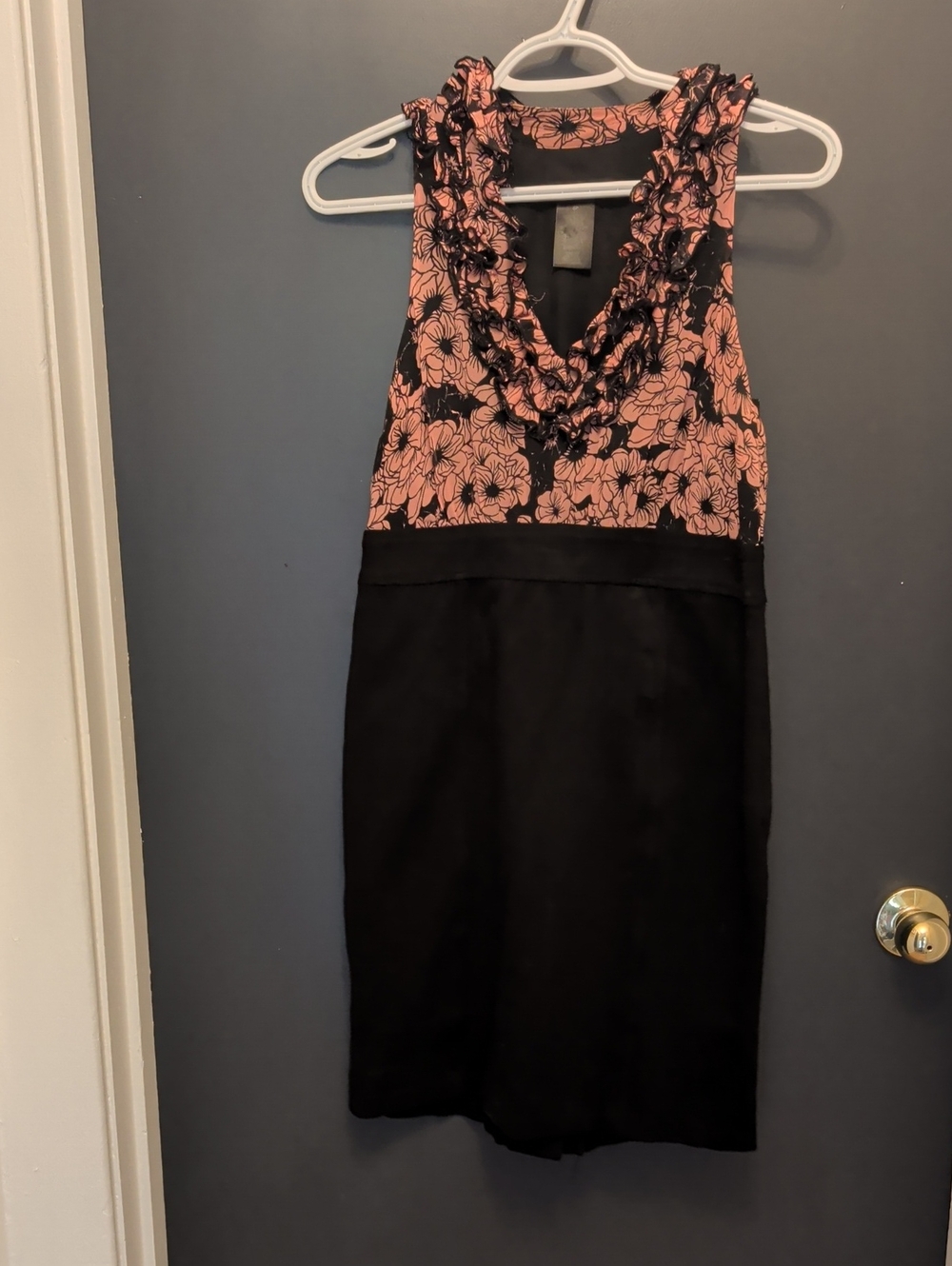 INC International Concepts Pink Floral Ruffle V-Neck Dress with Black Skirt
